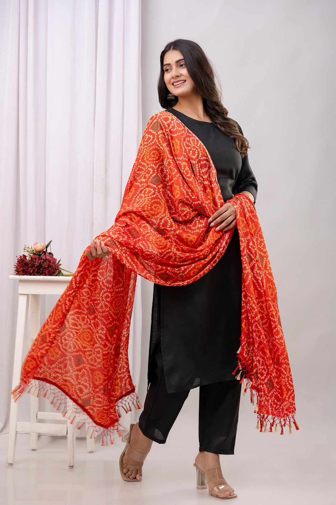 Black Straight Kurta Set With Printed Dupatta