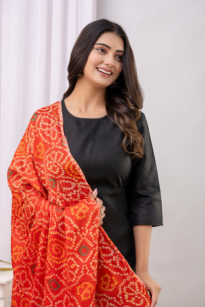 Black Straight Kurta Set With Printed Dupatta