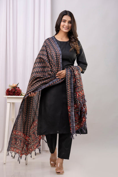 Black Straight Kurta Set With Printed Dupatta