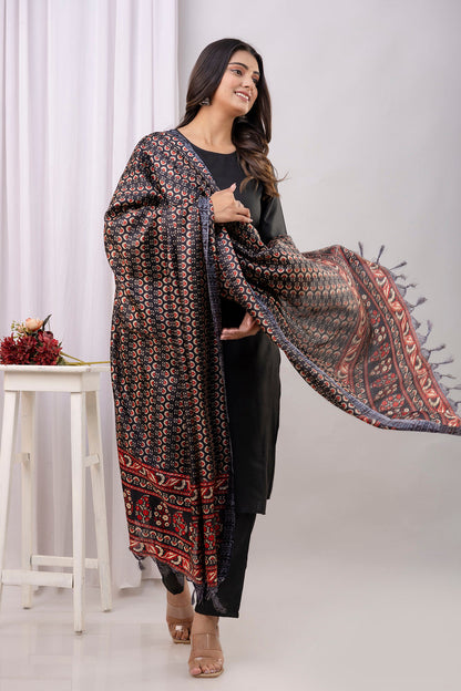 Black Straight Kurta Set With Printed Dupatta