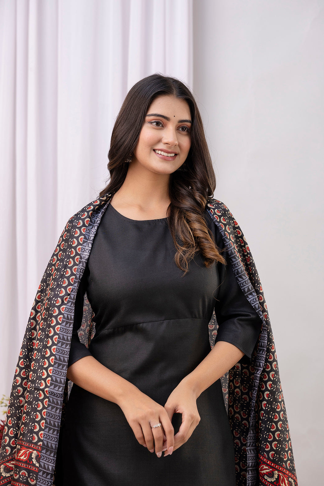 Black Straight Kurta Set With Printed Dupatta