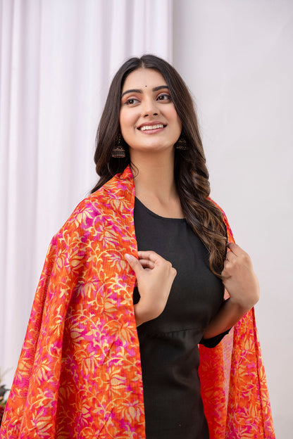 Black Straight Kurta Set With Printed Dupatta