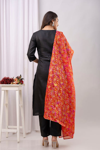 Black Straight Kurta Set With Printed Dupatta