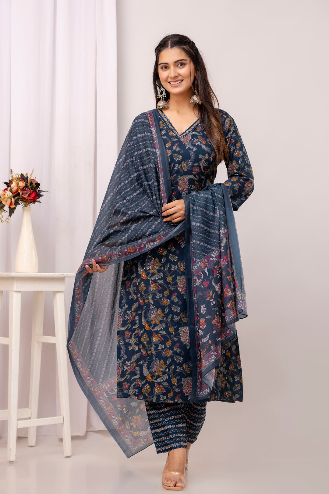 Teal Blue Straight Kurta Set With Printed Dupatta