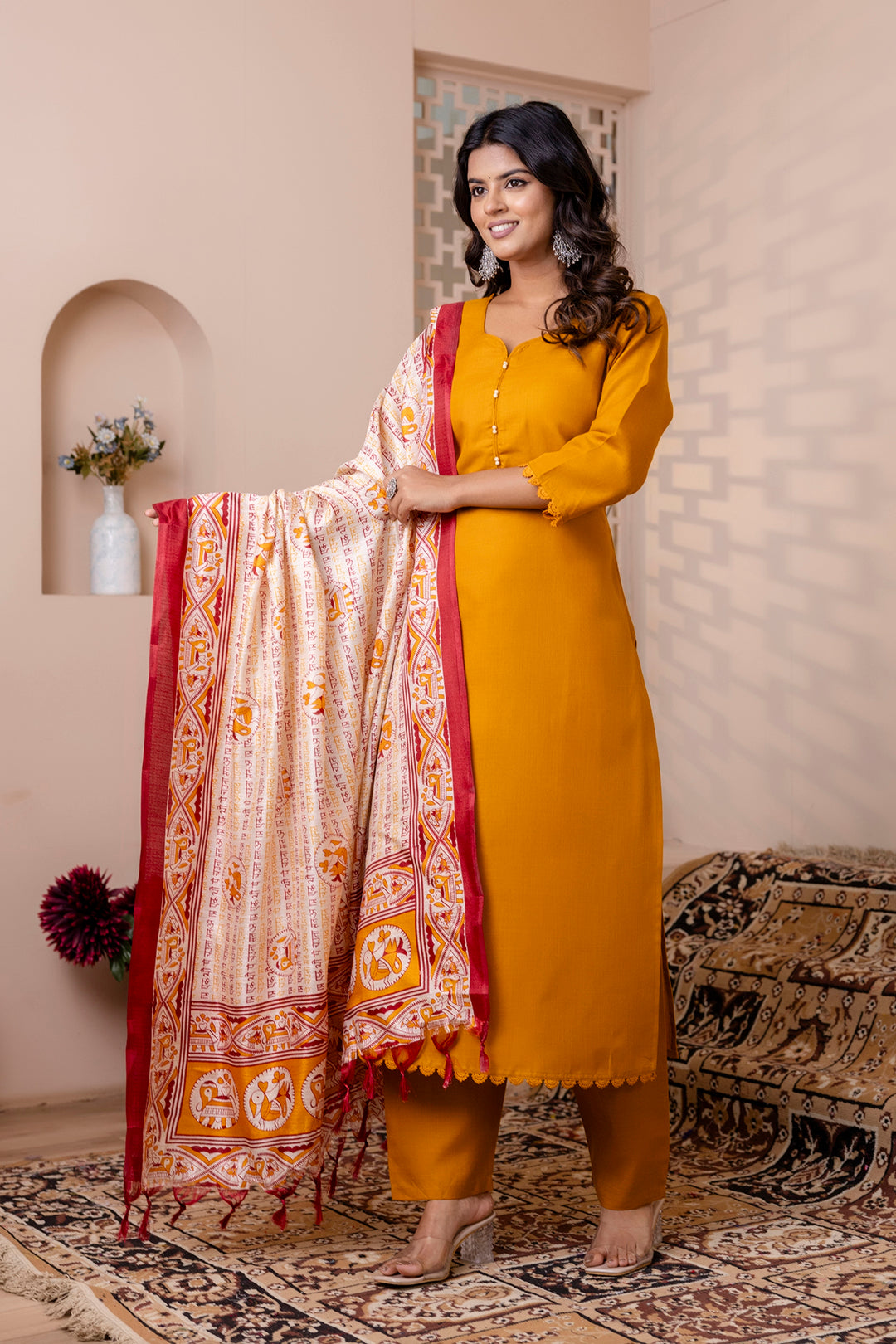 Mustard Straight Kurta Set With Printed Dupatta for Women