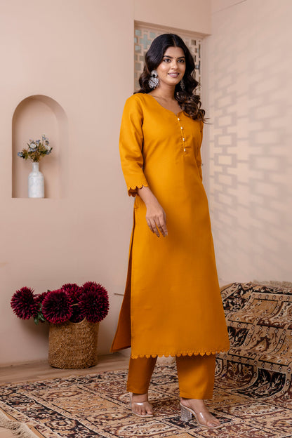 Mustard Straight Kurta Set With Printed Dupatta for Women