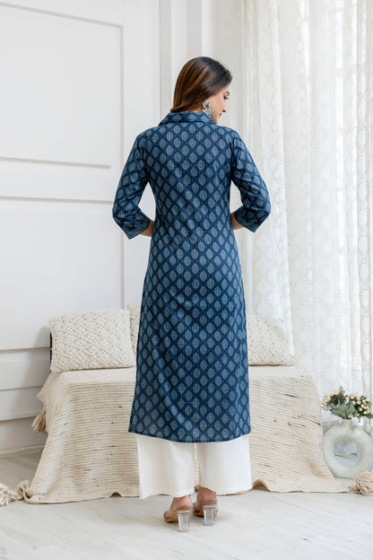 Blue Printed Straight Kurta with Three Quarter Sleeves