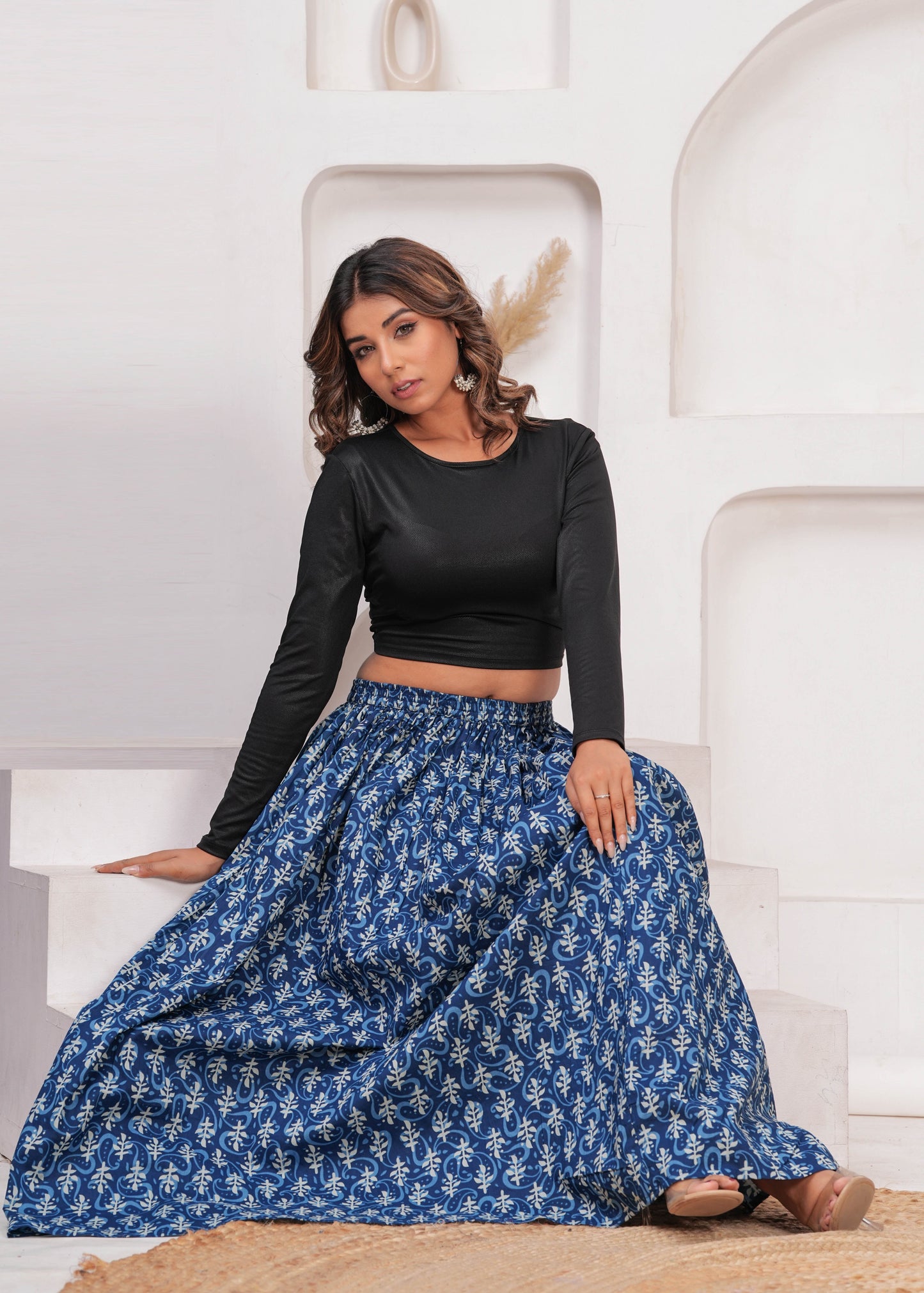 Blue Ethnic Printed Flared Skrit