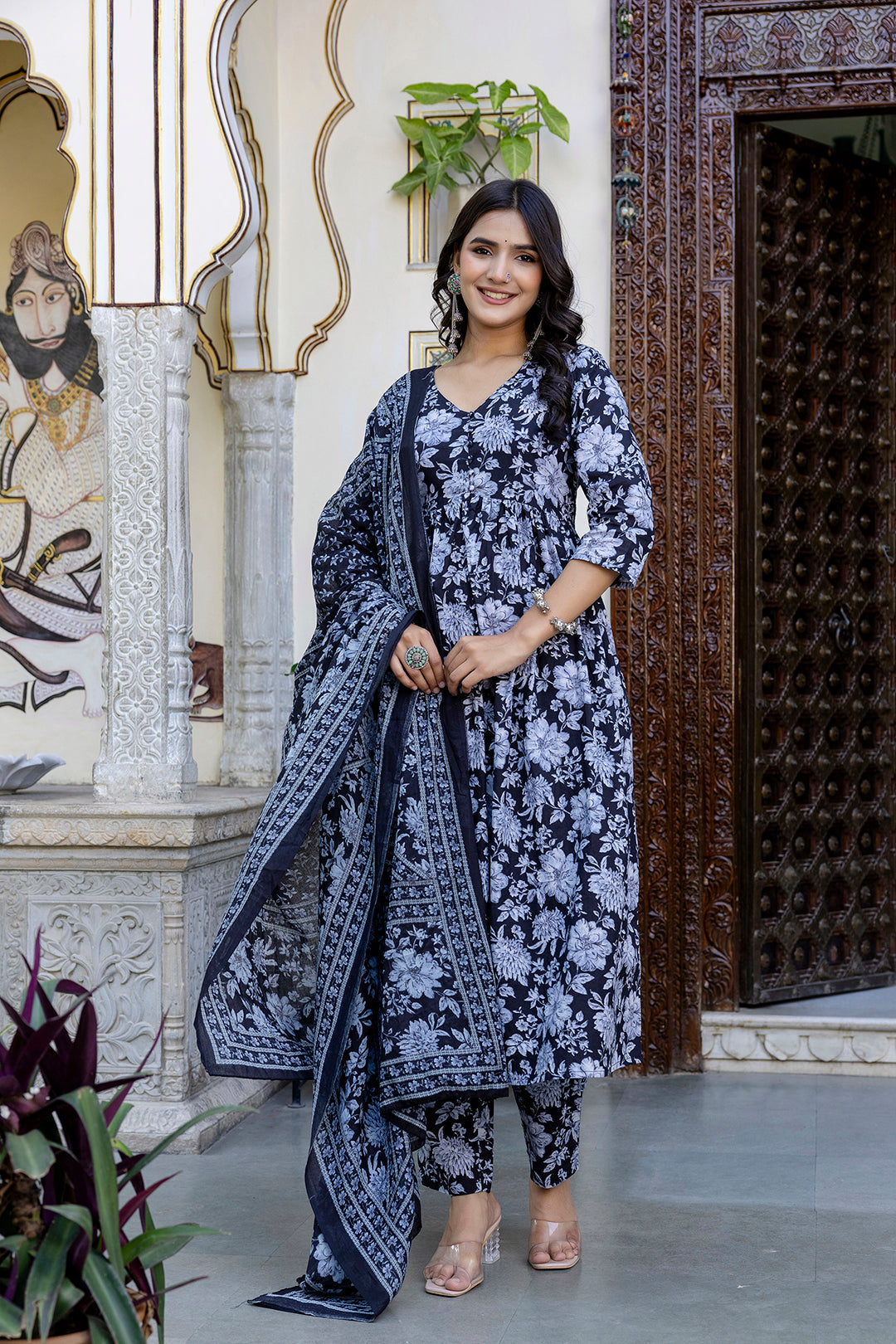 Black Floral Printed Anarkali Kurta And Trouser With Dupatta