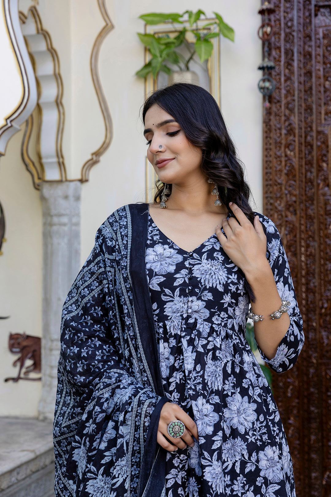 Black Floral Printed Anarkali Kurta And Trouser With Dupatta