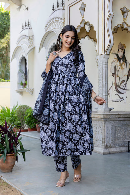 Black Floral Printed Anarkali Kurta And Trouser With Dupatta