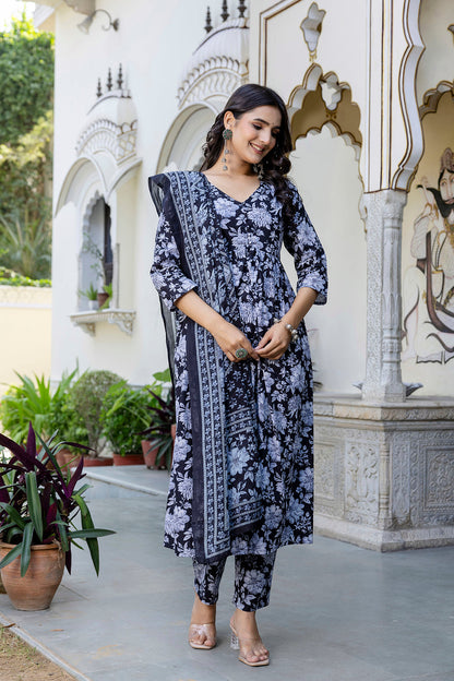 Black Floral Printed Anarkali Kurta And Trouser With Dupatta