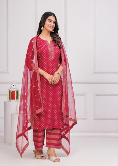 Pink Gold Printed Straight Kurta Set With Net Dupatta for Women