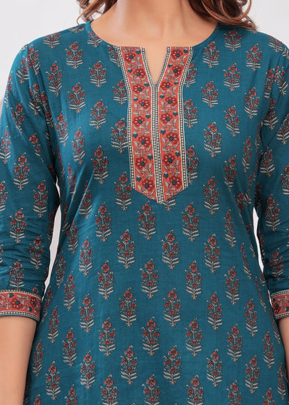 Teal Blue Printed Straight Tunic