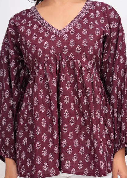 Winecolor Ethnic Printed Peplum Tunic