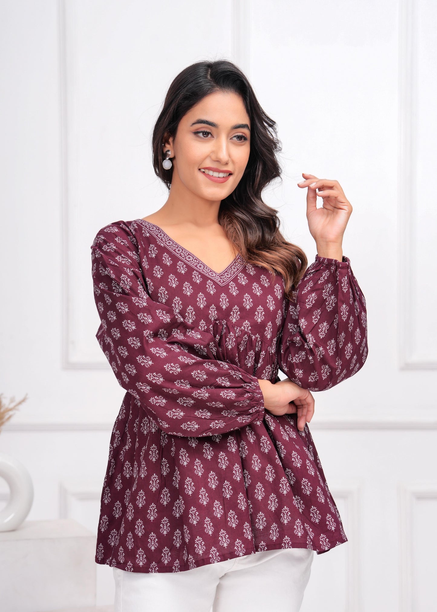 Winecolor Ethnic Printed Peplum Tunic