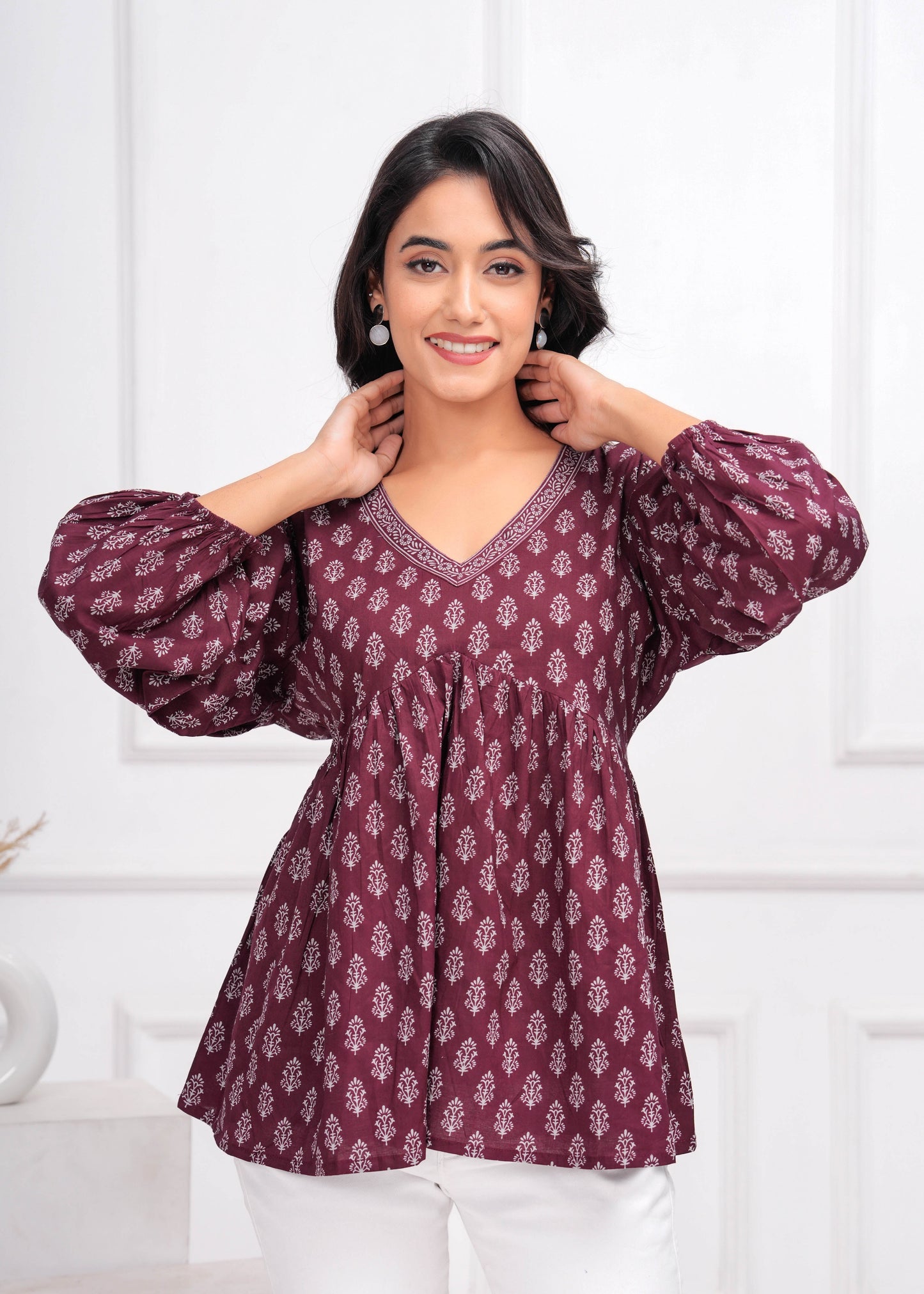 Winecolor Ethnic Printed Peplum Tunic