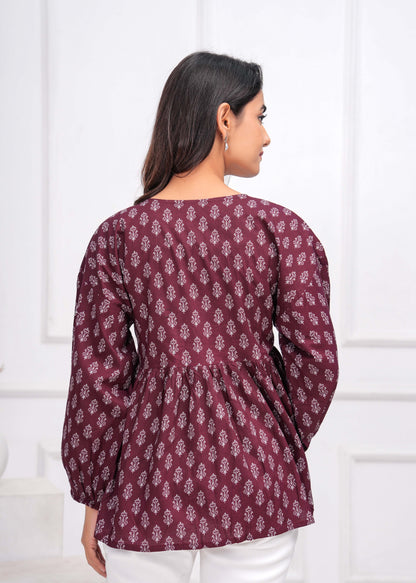 Winecolor Ethnic Printed Peplum Tunic