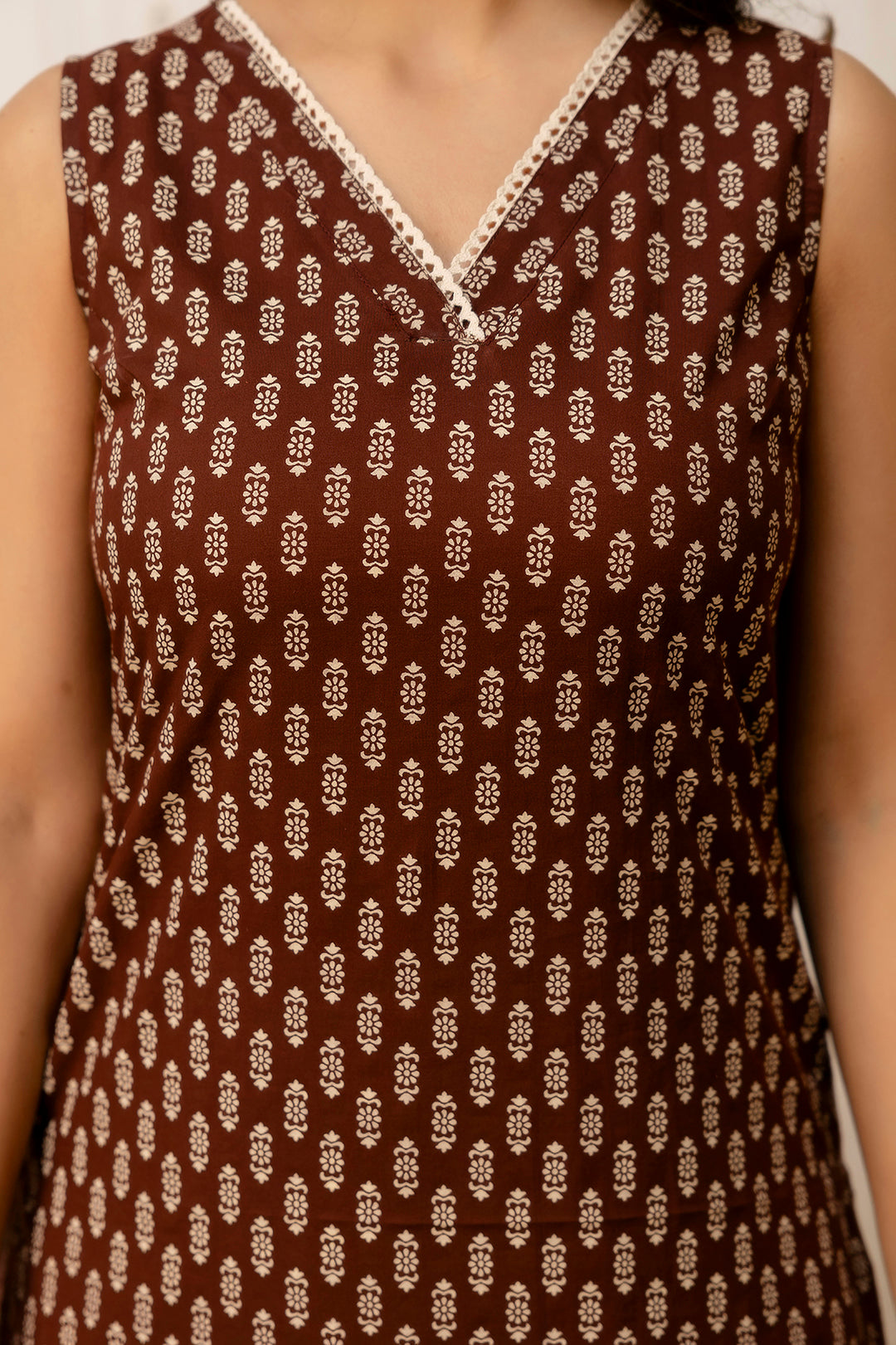 Brown Printed Straight V-neck Kurta