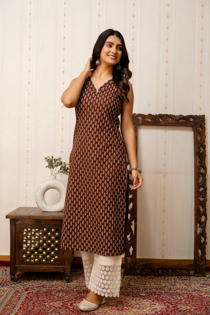 Brown Printed Straight V-neck Kurta