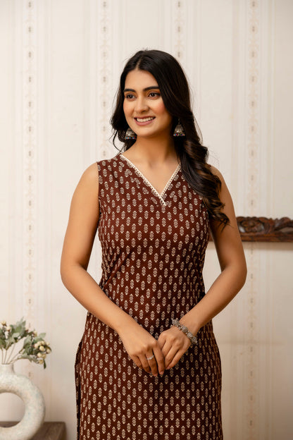 Brown Printed Straight V-neck Kurta