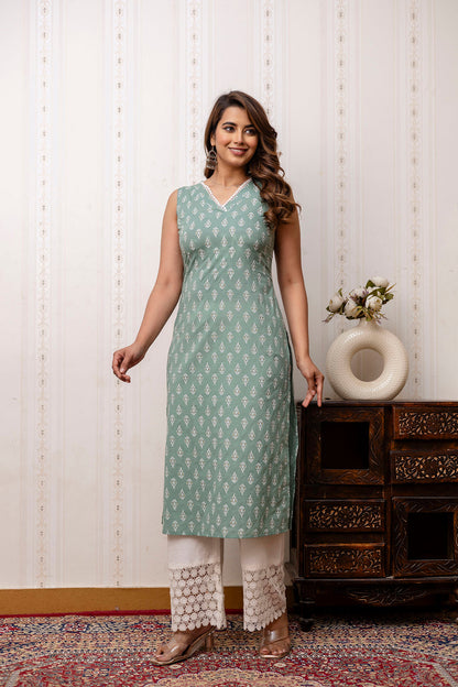 Green Printed Straight V-Neck Kurta