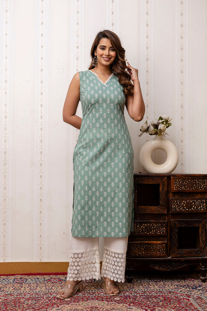 Green Printed Straight V-Neck Kurta