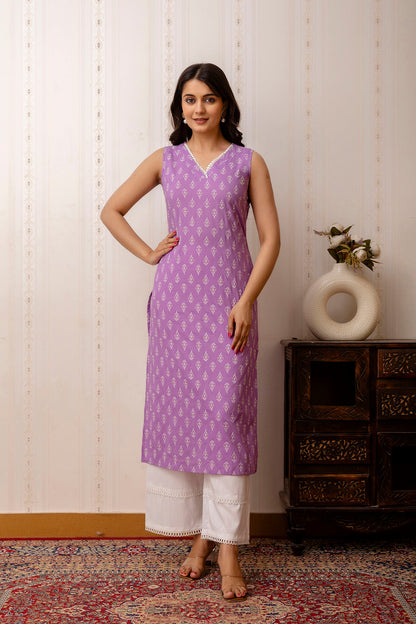 Purple Printed Straight Shoulder Straps Kurta