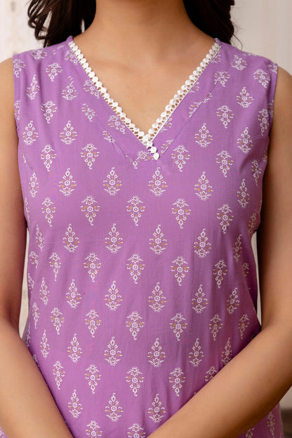 Purple Printed Straight Shoulder Straps Kurta