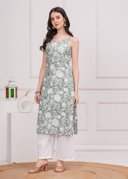 Green Printed Straight Shoulder Straps Kurta