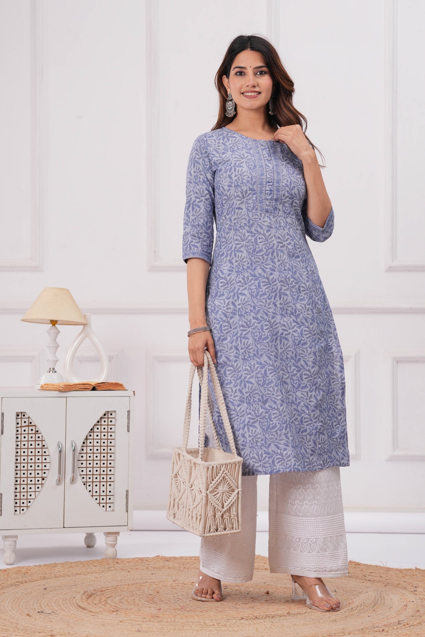 Blue Printed Straight Kurta with Three Quarter Sleeves