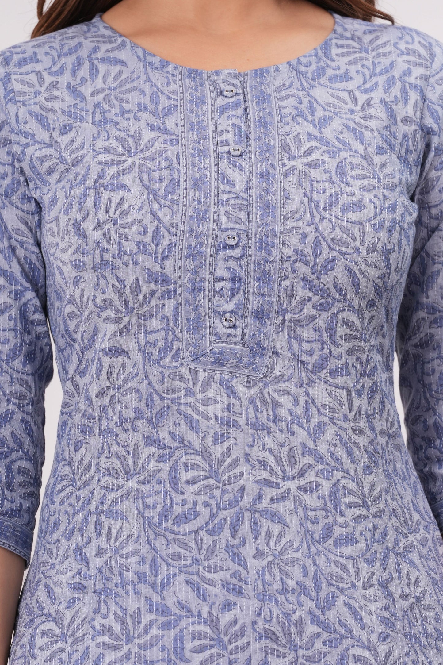 Blue Printed Straight Kurta with Three Quarter Sleeves