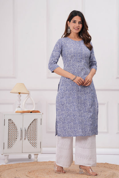 Blue Printed Straight Kurta with Three Quarter Sleeves