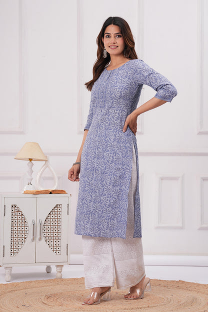 Blue Printed Straight Kurta with Three Quarter Sleeves