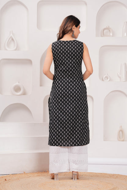 Black Printed Straight Sleeveless Kurta