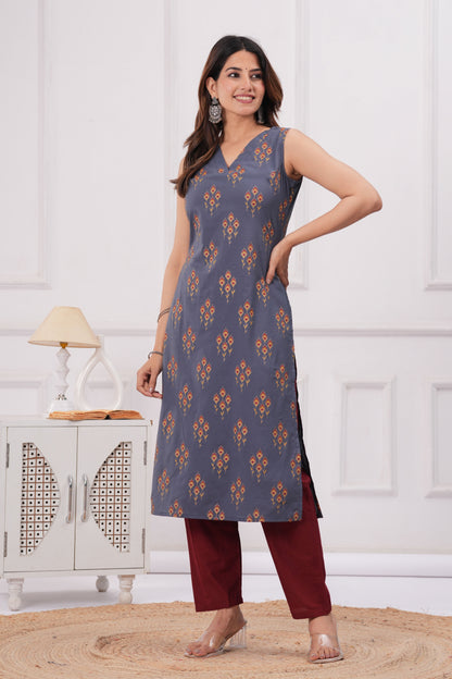 Grey Printed Straight Sleeveless Kurta