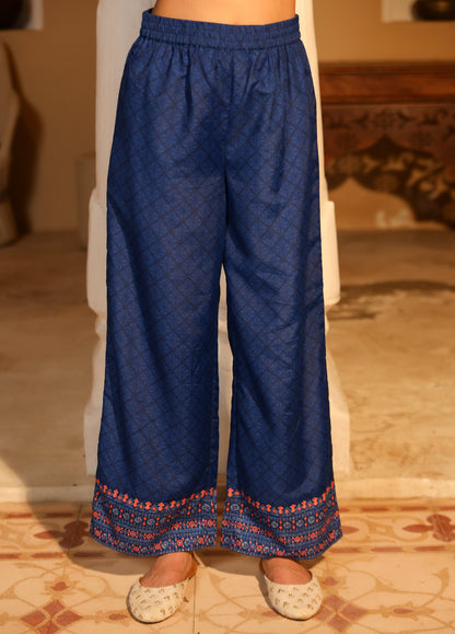 Blue Ethnic Motif Printed Polycotton Kurta Pant And Dupatta Set With Thread Zari Work & Sequins