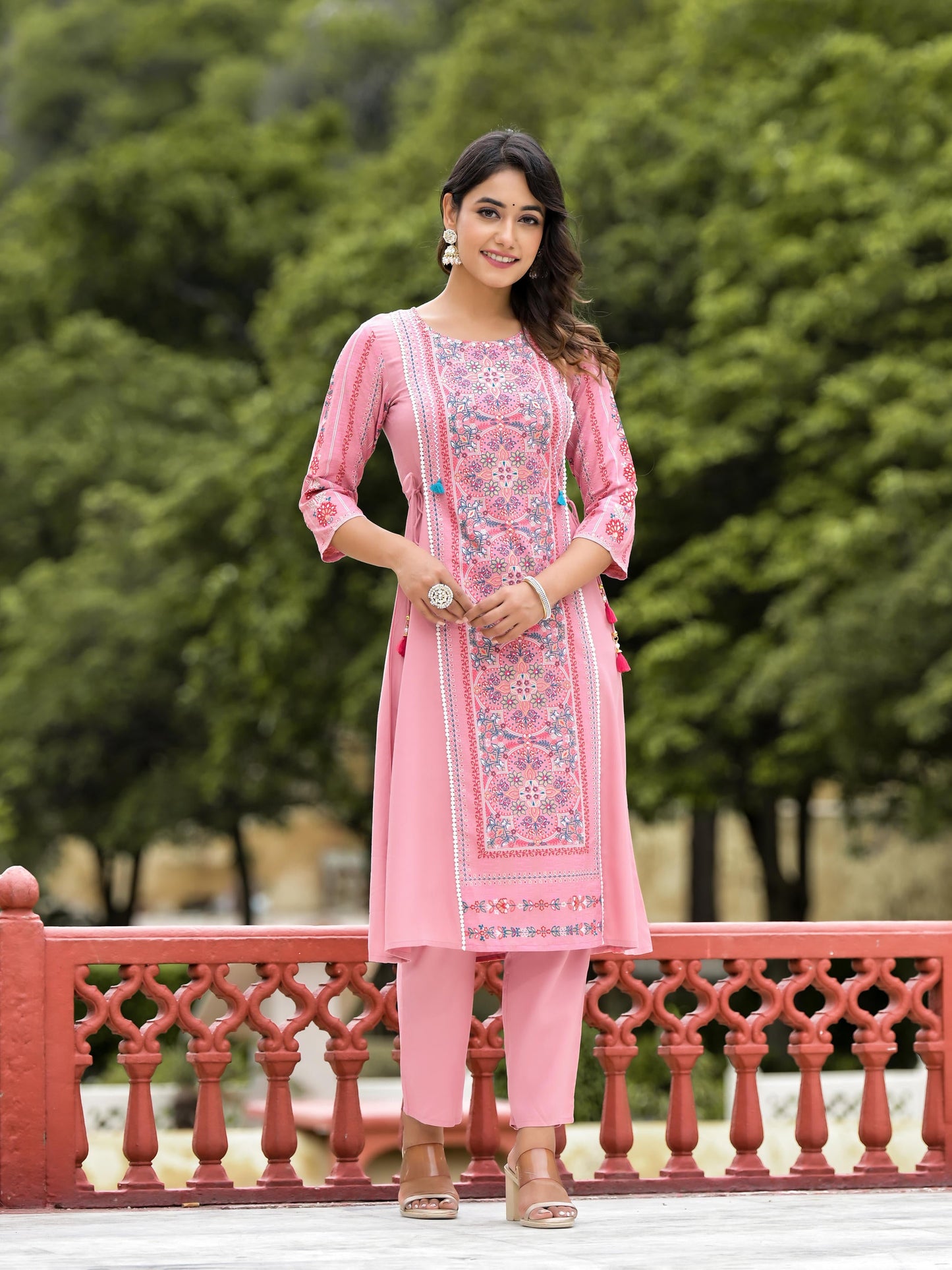 Peach Floral Printed Liva Rayon Kurta Pant & Dupatta Set With Doris At Waist & Thread Work & Tassels