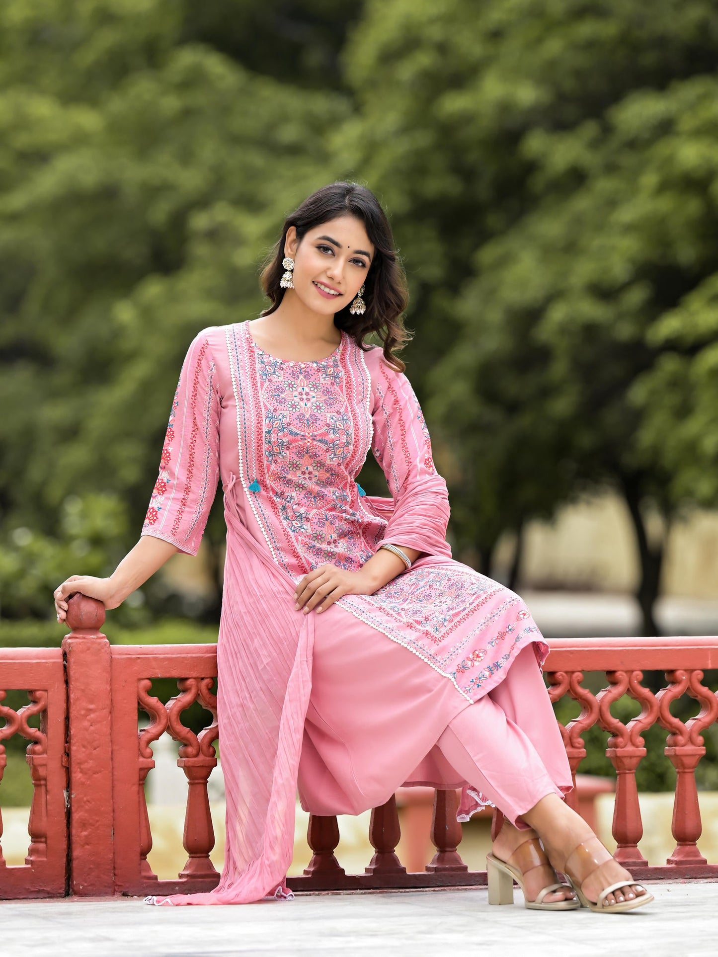 Peach Floral Printed Liva Rayon Kurta Pant & Dupatta Set With Doris At Waist & Thread Work & Tassels