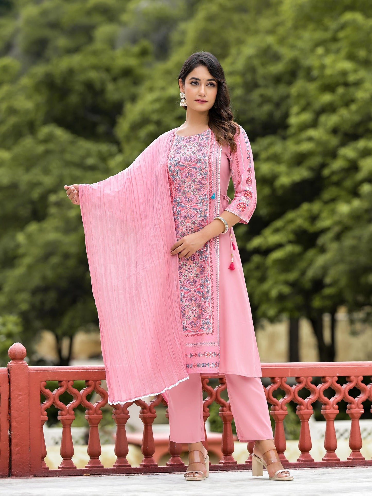 Peach Floral Printed Liva Rayon Kurta Pant & Dupatta Set With Doris At Waist & Thread Work & Tassels