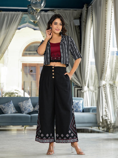 Black Geometric Printed Liva Rayon Shrug With Inner & Palazzo Set With Thread & Mirror Work