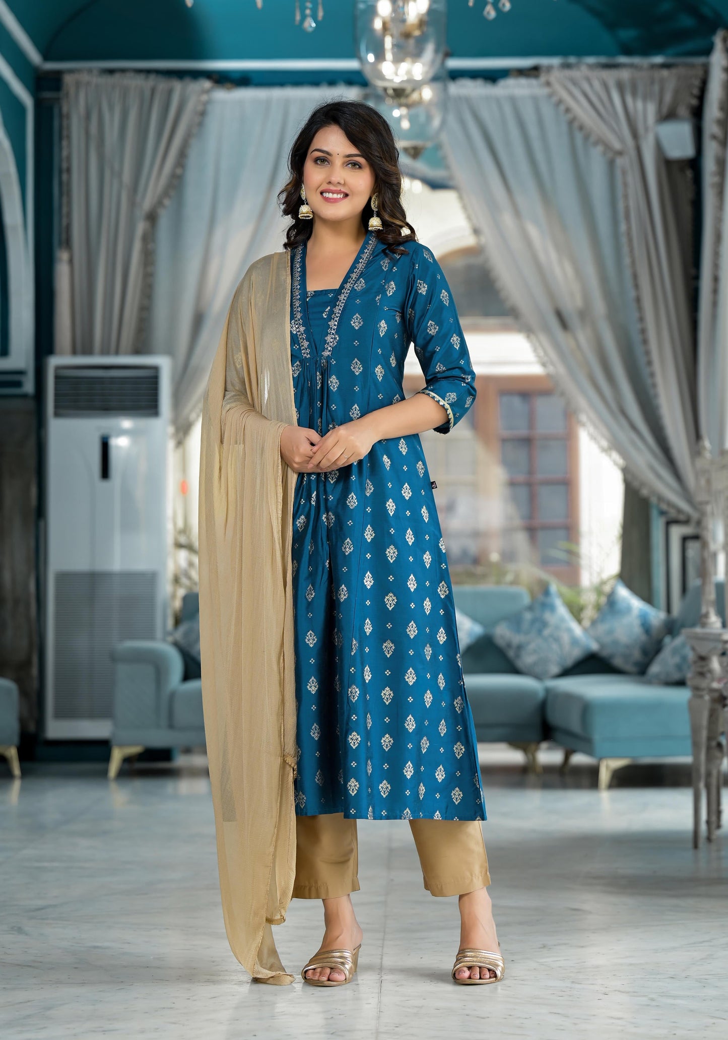 Blue Ethnic Motif Printed Polycotton Kurta Pant And Dupatta Set With Sequins Gota Patti & Beads