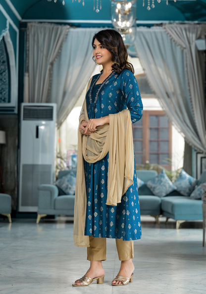 Blue Ethnic Motif Printed Polycotton Kurta Pant And Dupatta Set With Sequins Gota Patti & Beads