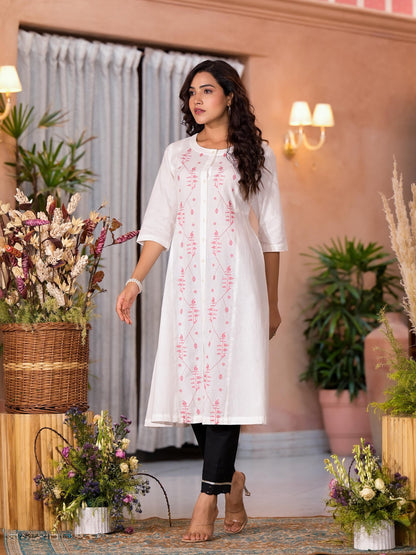 White Thread Embroidered Cotton Kurta Set With Button Closure