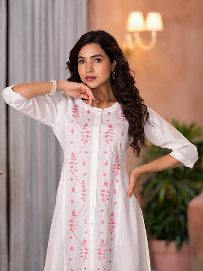 White Thread Embroidered Cotton Kurta Set With Button Closure