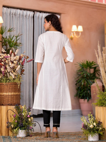 White Thread Embroidered Cotton Kurta Set With Button Closure