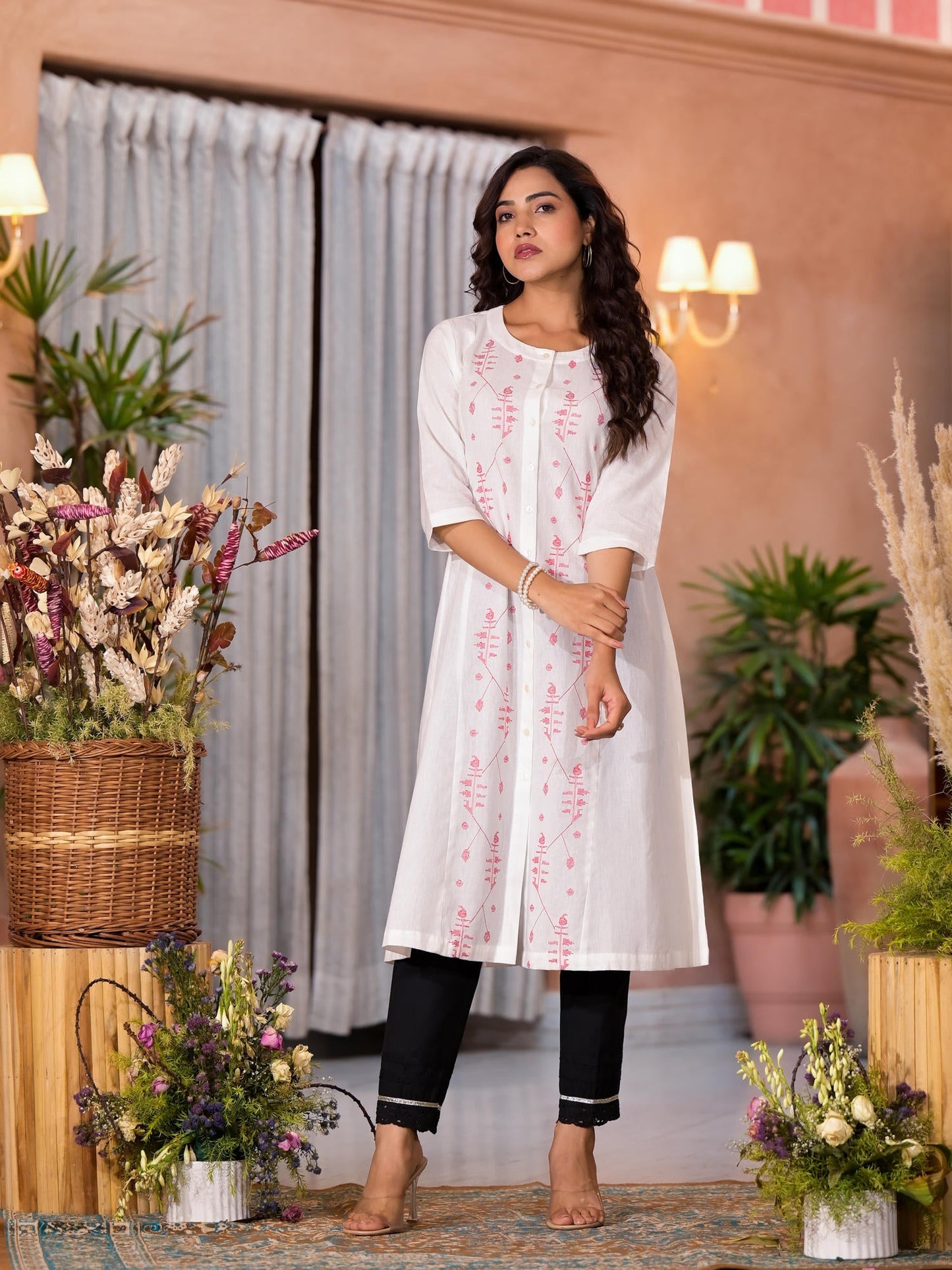 White Thread Embroidered Cotton Kurta Set With Button Closure