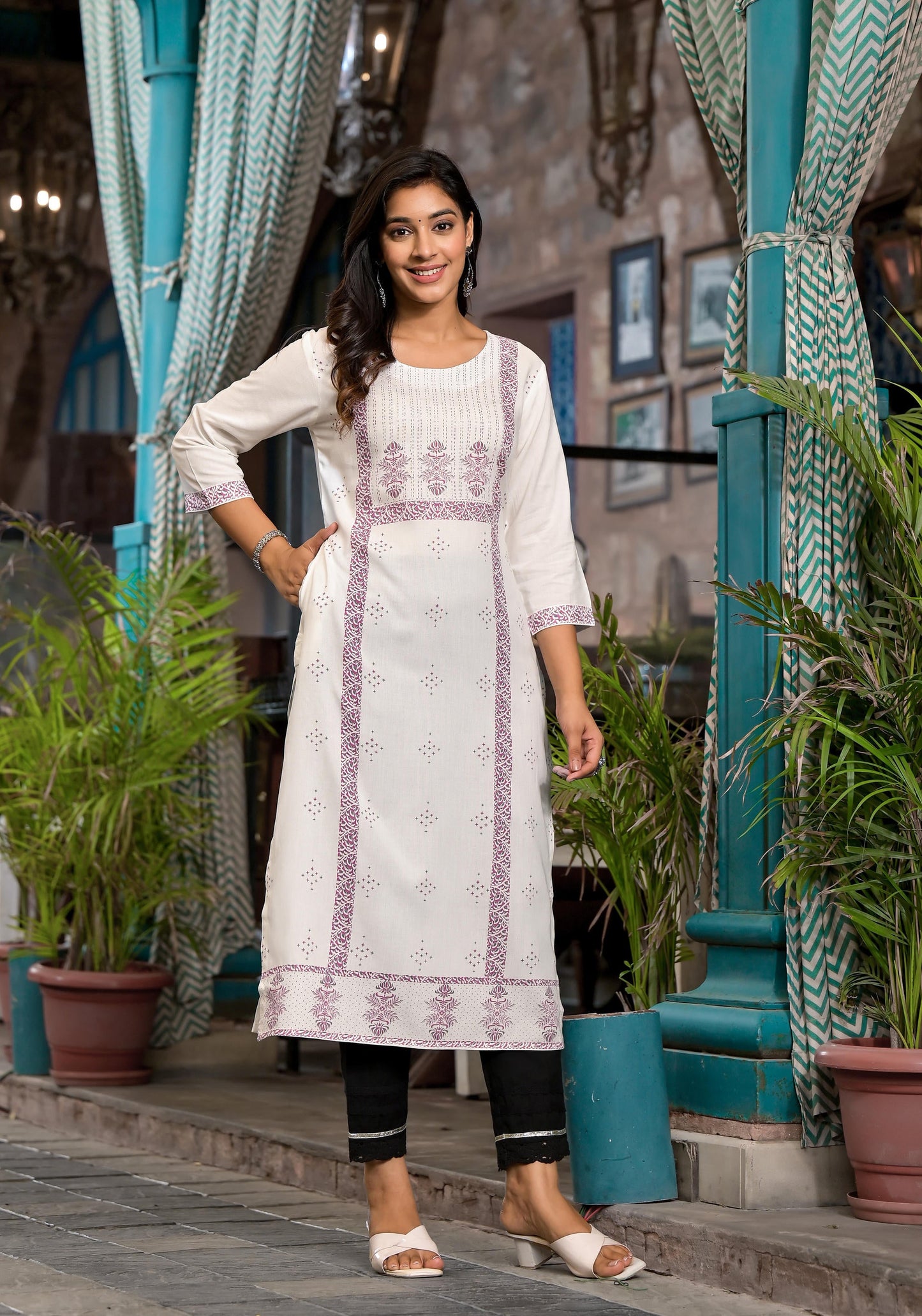 White Ethnic Motif Printed Rayon Round Neck  Kurta With Straight Hemline For Women