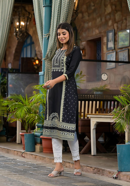 Black Ethnic Motif Printed Rayon Kurta  With Straight Hemline And Buttons