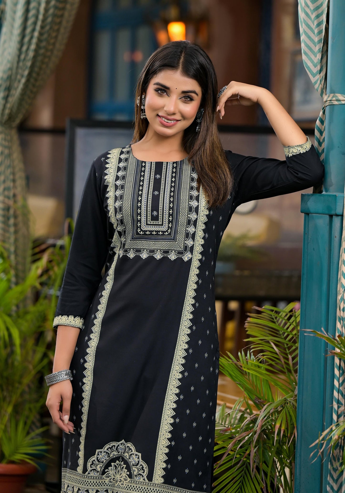 Black Ethnic Motif Printed Rayon Kurta  With Straight Hemline And Buttons